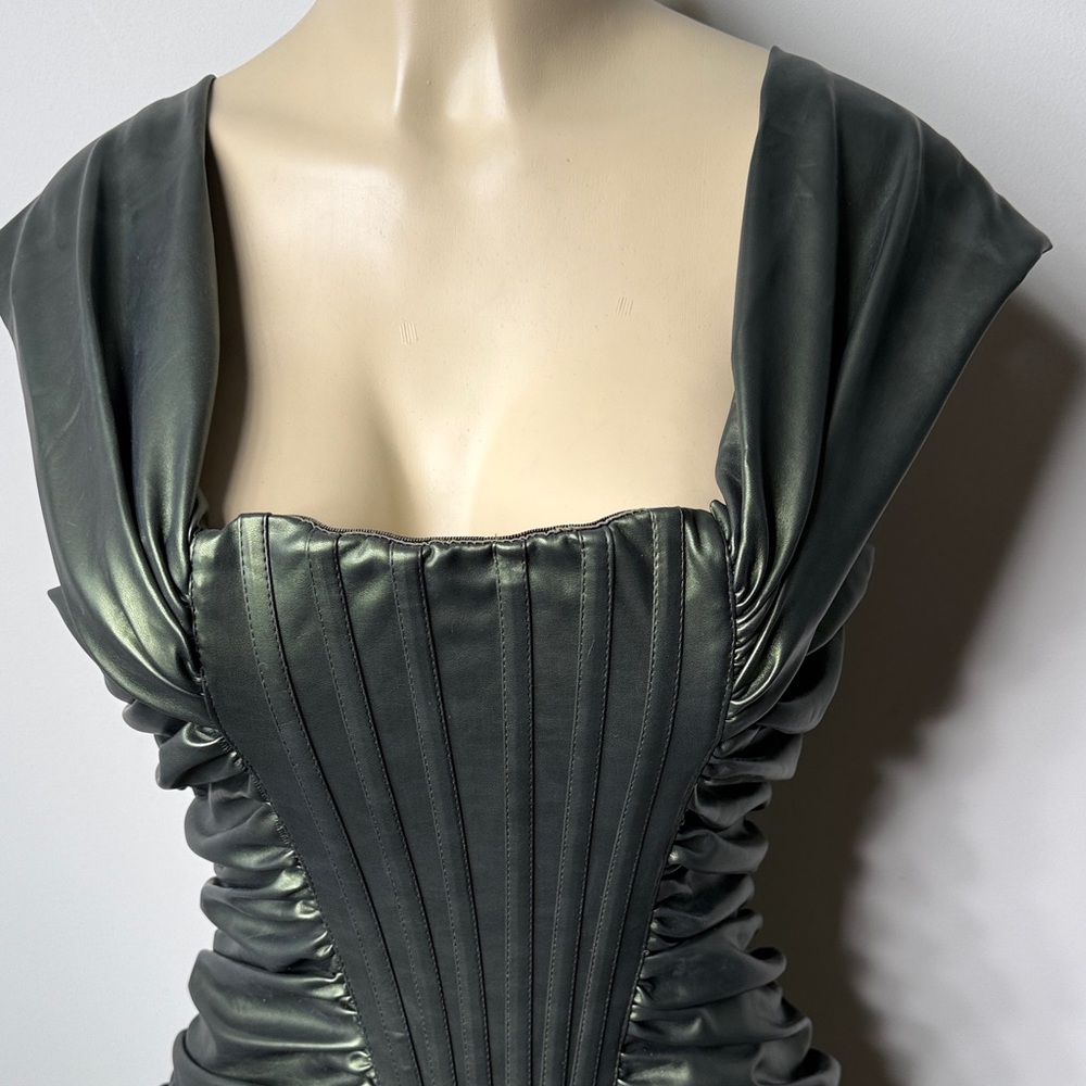 AKIRA Shimmering Dark Green Faux-Leather Ruched Mini Dress - Picture 2 of 9